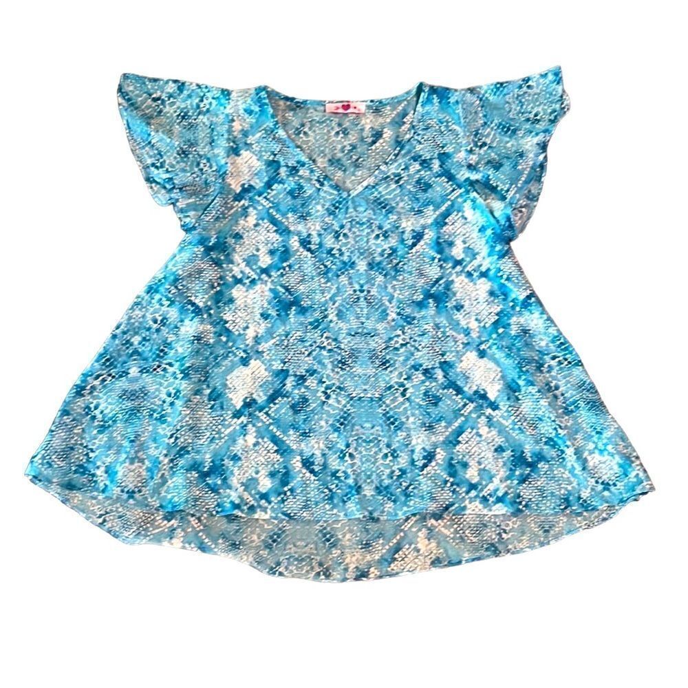 Buddy Love Women’s Small Turquoise Loose-fitting Ruffled Sleeve V-Neck Blouse